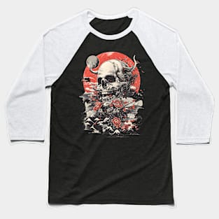 Asian-Inspired Skull & Floral Fusion, Mystical Mountain Blossoms, Transient Life Artwork Baseball T-Shirt